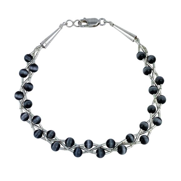 Cone Tip Braided Black Cat's Eye Bracelet | Sterling Liquid Silver 925 | 7.75" - Picture 1 of 5